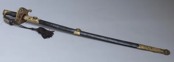 A Continental Naval officer's sword, with slightly curved plain steel blade, indistinctly engraved to the spine, 72.5cm, pierced and engraved hilt and