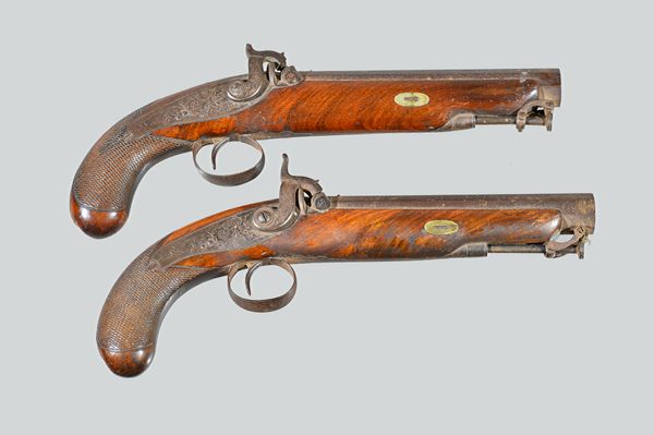 Durs Egg (1748-1831), a pair of percussion pistols, each with octagonal steel barrel engraved 'D. EGG LONDON',17.5cm, foliate engraved lockplate and c