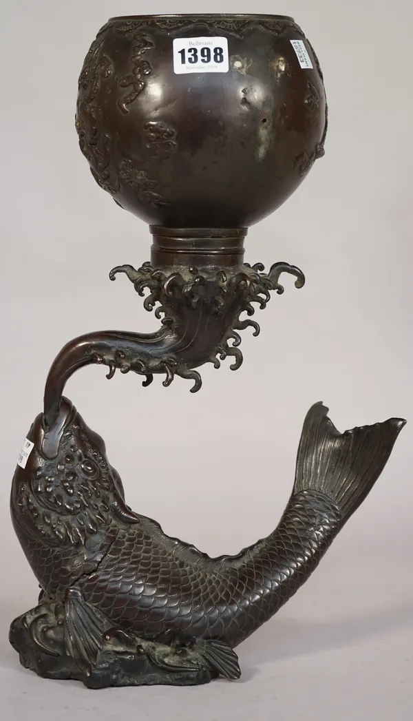 A Chinese bronze vase on stand, 20th century, the globular bowl relief cast, with dragons supporting a water fountain and koi carp base, (a.f.), 39cm