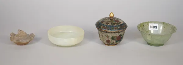 A modern Chinese spinach jade bowl raised on a small foot, 12.6cm diameter, a modern Chinese circular bowl of shallow form, 12cm diameter, a small aga