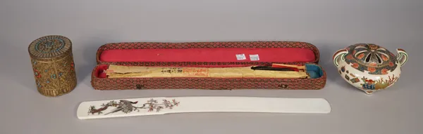 A Japanese ivory Shibayama page turner, late 19th century, the handle decorated with a wild bird on a tree, 45.5cm, a Japanese satsuma kora and cover,