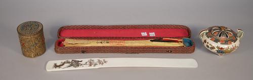 A Japanese ivory Shibayama page turner, late 19th century, the handle decorated with a wild bird on a tree, 45.5cm, a Japanese satsuma kora and cover,