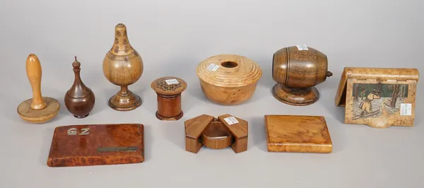 Treen collectables, including; a burr walnut cigarette case dated 1936, another smaller similar, a string dispenser of barrel form and sundry, (10).