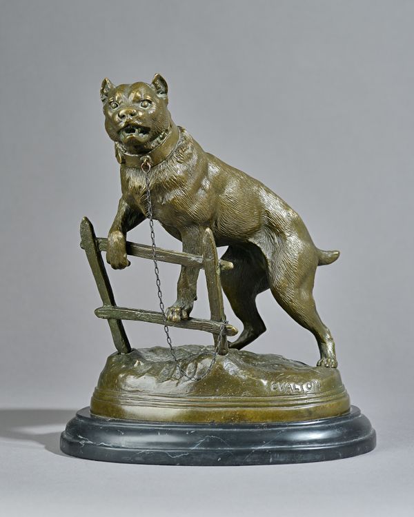 After C.Valton, French (1851-1918) bronze study of a mastiff chained to a fence, signed  to the cast and raised on an oval marble base, 30cm high. Ill