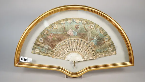 A French painted paper fan, late 18th century, detailed with Gallant companion against a landscape, mounted on pierced and carved bone sticks, 19.5cm,