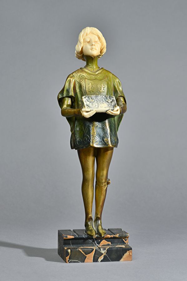 Dela Grange, bronze and ivory  figure 'La Page Royale', circa 1905, polychrome painted and raised on a marble plinth, 33cm high. Illustrated