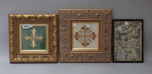 Two gilt framed ecclesiastical panels of a cross, 26cm wide x 26cm high and 28cm wide x 27cm high, a silk embroidered panel of flowers, 29cm wide x 19