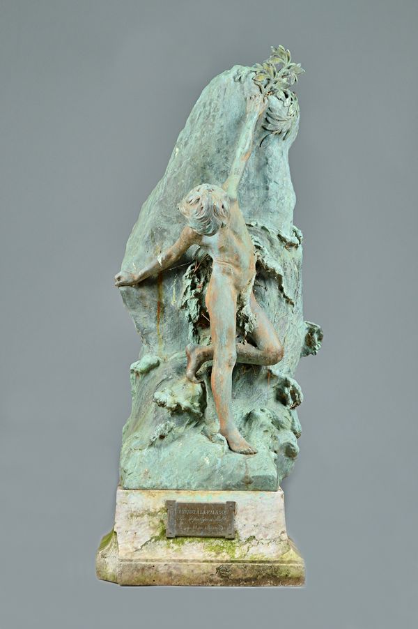 C.C. D'Astanieres, (French 1841-1917), Verdigris patinated bronze 'L ENFANT A LA FALAISE' depicting a naked young boy against a rock, signed to the ca