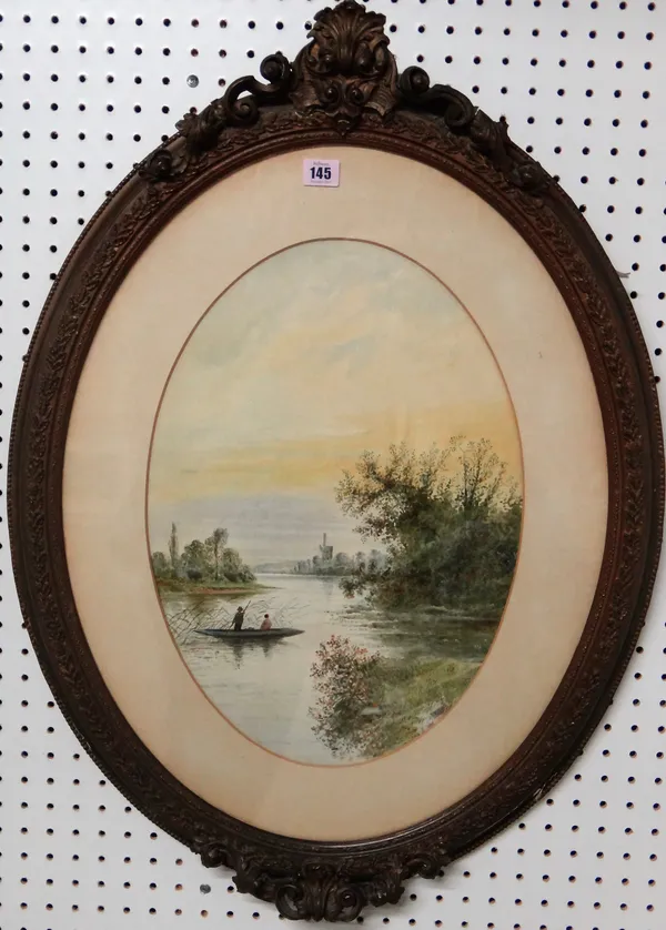 Circle of Edwin Earp, Lake scenes, a pair, watercolour, oval, each 48cm x 34cm.(2)