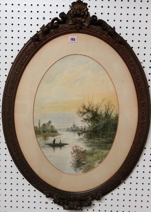 Circle of Edwin Earp, Lake scenes, a pair, watercolour, oval, each 48cm x 34cm.(2)