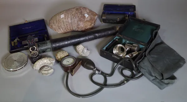 Collectables, including; a fossilized elephant tooth, brass two drawer telescope, scientific and medical instruments and sundry, (qty).