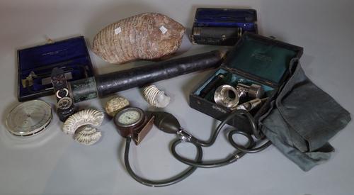 Collectables, including; a fossilized elephant tooth, brass two drawer telescope, scientific and medical instruments and sundry, (qty).