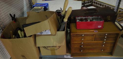 An early 20th century watchmaker's toolbox containing a quantity of tools and another similar, (qty).