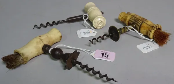 Three mid-19th century straight pull corkscrews, each with turned bone handle, shaped shaft and wire helix, (a.f.) (3).