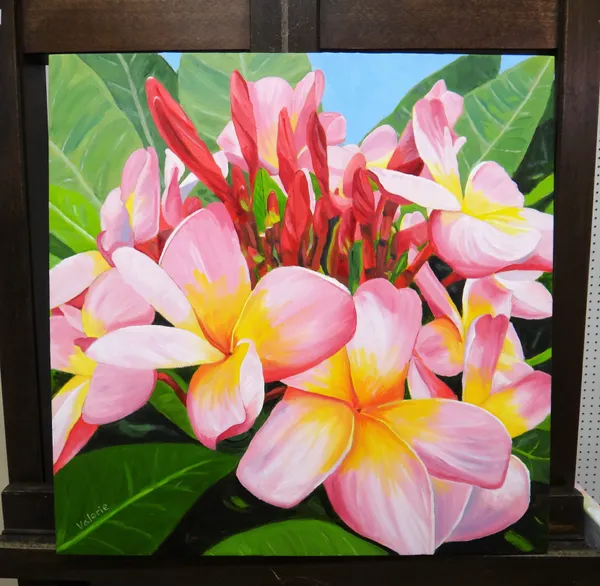 Valerie Brown (20th century), Pink Frangipani; Through the trees, two, oil on canvas, both signed,  unframed, the larger 90.5cm x 45cm.