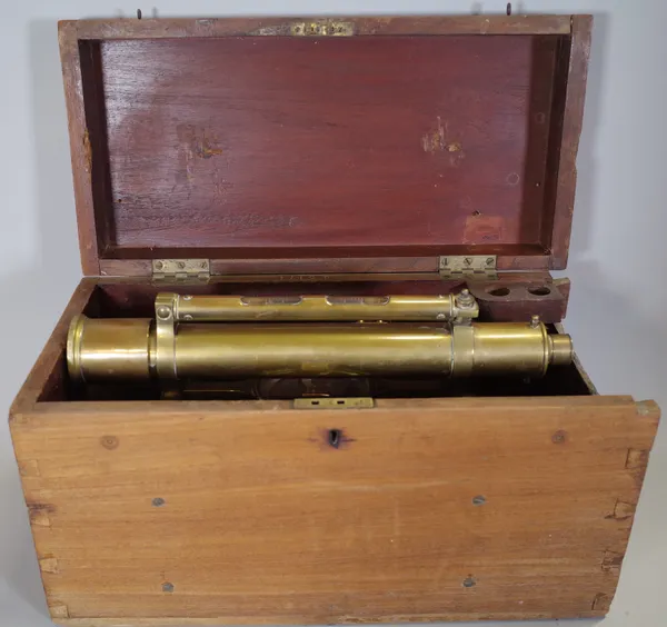 An early 20th century brass theodolite 'P.Orr & Sons Ltd, Madras', cases, 43cm wide x 25cm high.