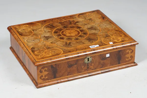 A William and Mary floral marquetry inlaid oyster veneered lace box with rectangular lift-top, 59cm wide x 15cm high. Illustrated