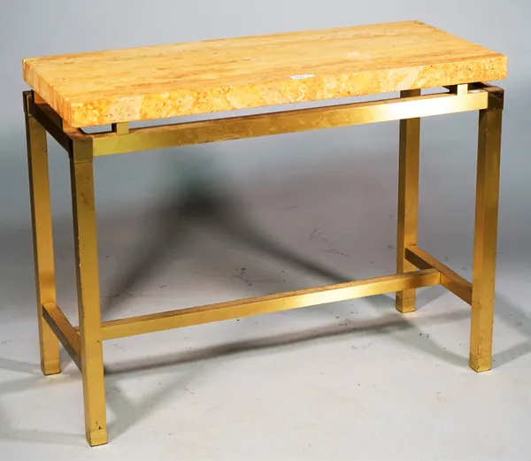 A 20th century console, the thick rectangular marble top on lacquered brass square supports, 99cm wide x 77cm high.