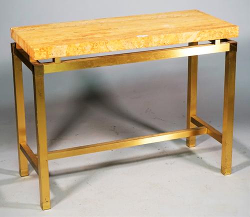 A 20th century console, the thick rectangular marble top on lacquered brass square supports, 99cm wide x 77cm high.