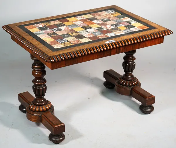 A William IV rosewood occasional table, the rectangular top inset with square specimen marble on a pair of baluster reeded columns, 75cm wide x 50cm h