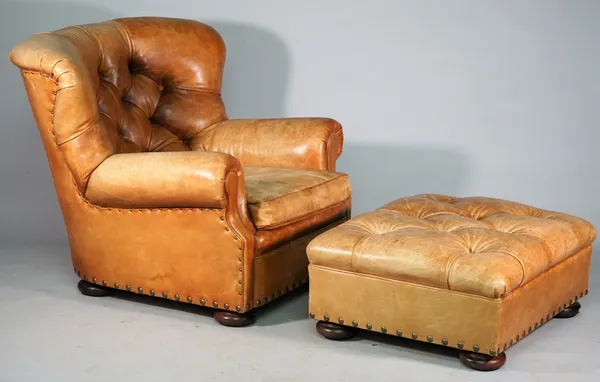 Ralph Lauren, 'Writers Chair'; a tan leather and studded trim winged club armchair with compressed bun feet, 94cm wide x 90cm high, together with matc