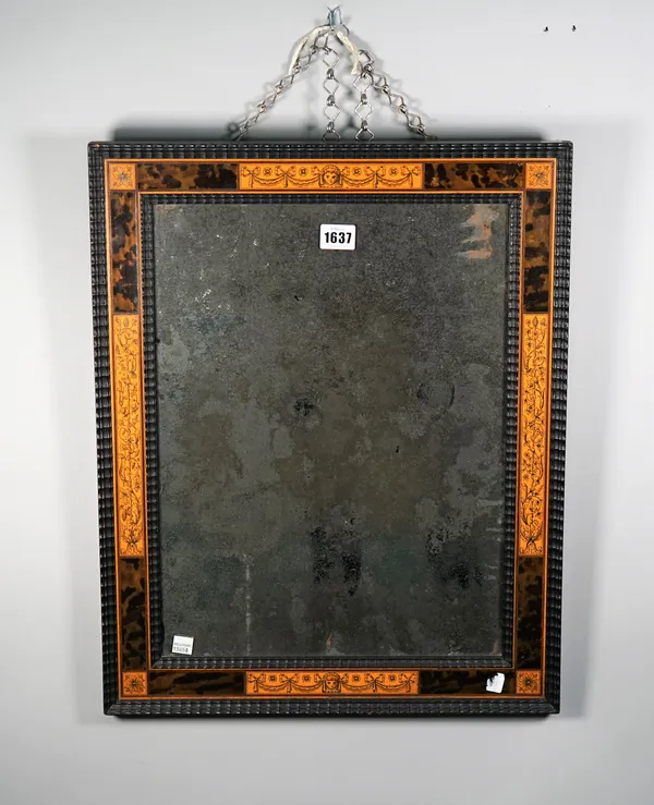 A 19th century Anglo Indian rectangular mirror, the tortoiseshell and pen work sandalwood frame with ebonised wriggle work decoration, 43cm wide x 53c