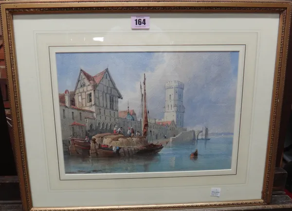 Circle of Pierre le Boeuff, Continental Harbour Town, watercolour, 22cm x 32cm.; together with a further watercolour of a coastal castle by another ha