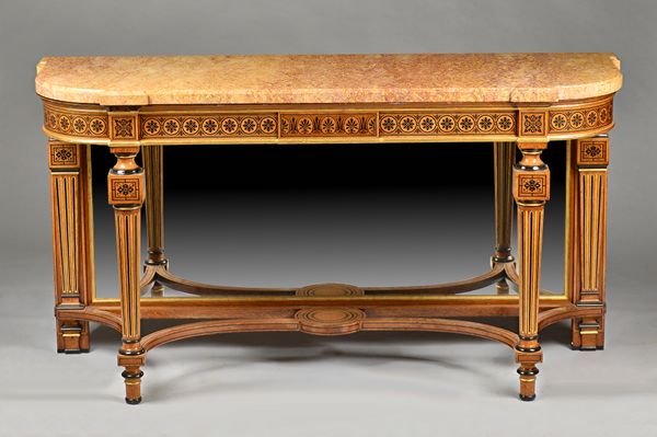 In the manner of George Bullock; a 19th century console, the 'D' shape marble top on an inlaid parcel gilt oak base with tapering fluted supports and