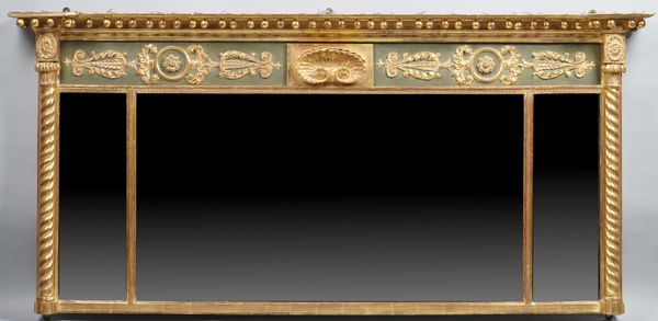 A Regency gilt framed triple plate over mantel mirror, the inverted ball mounted frieze over triple mirror plate flanked by rope twist columns, 187cm