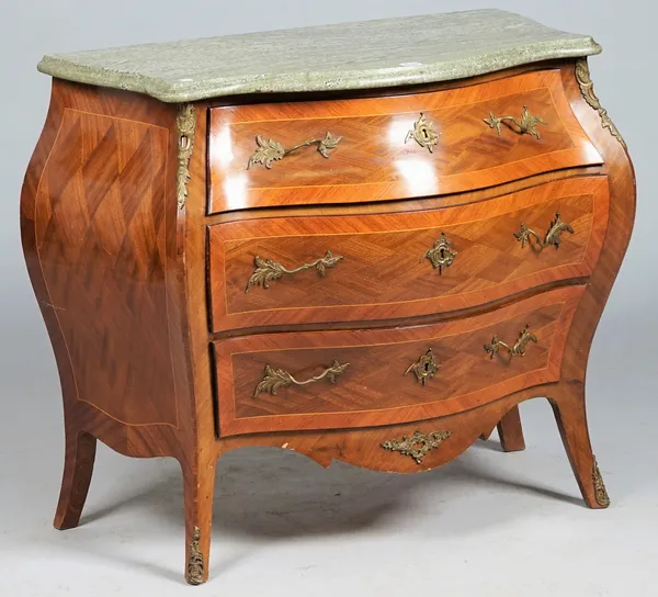 An 18th century style Swedish commode, the serpentine marble top over a gilt-metal mounted kingwood and fruitwood bombe three drawer base, 88cm wide x