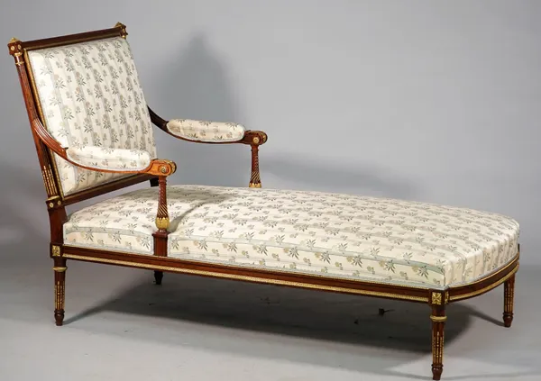 A Louis XVI style gilt-metal mounted square back day bed on tapering fluted supports, 160cm long x 96cm high.