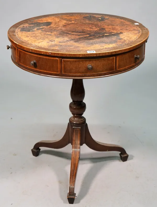 A George III boxwood swing mahogany rent/drum table with four true and four false drawers on baluster turned column and three downswept supports, 62cm