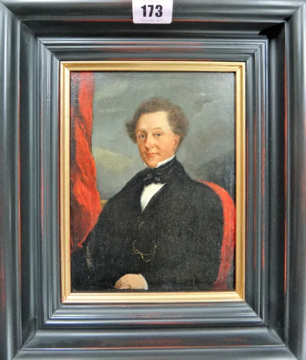 English School (19th century), Portrait of a gentleman, oil on board, 21cm x 15cm.; together with a colour transfer engraving on glass of William IV.(