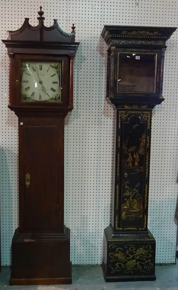 An 18th century chinoiserie decorated longcase clock case and a 19th century mahogany longcase clock case (no movements).