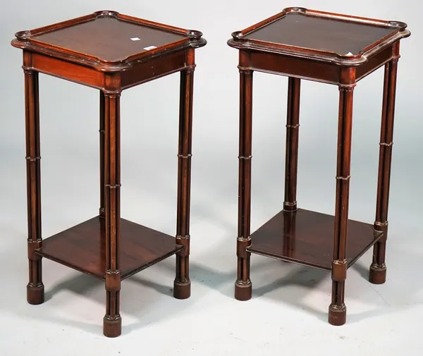 A pair of mid-18th century style mahogany square two tier occasional tables with out stepped rounded corners on cluster column supports, 36cm wide x 7