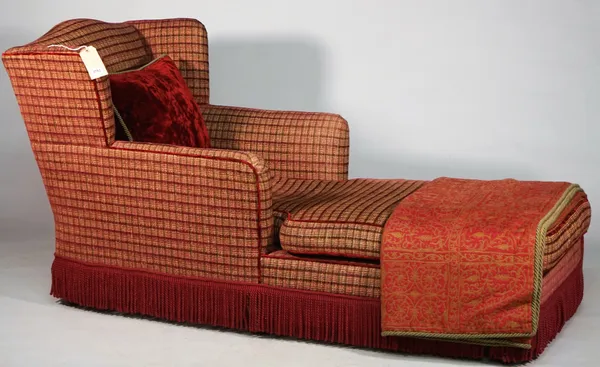 A 20th century wingback chaise longue upholstered in Mulberry raspberry stone check, on bracket feet, 175cm wide x 87cm high.