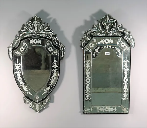 Two 20th century etched glass Venetian wall mirrors with floral decoration, both approximately 43cm wide x 75cm high.