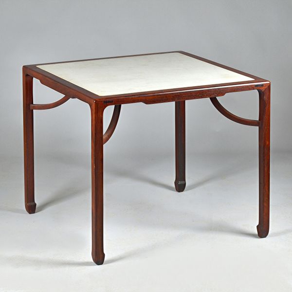 A late 19th/early 20th century Chinese hardwood square centre table, possibly huanghuali, with marble inset top above underslung stretchers, 89cm wide