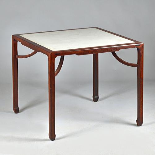 A late 19th/early 20th century Chinese hardwood square centre table, possibly huanghuali, with marble inset top above underslung stretchers, 89cm wide
