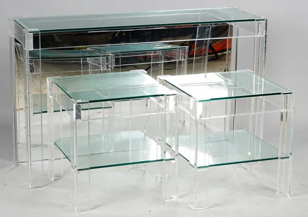 A modern clear perspex and glass rectangular console table, 123cm wide x 77cm high, together with two matching square lamp tables, 50cm wide x 51cm hi