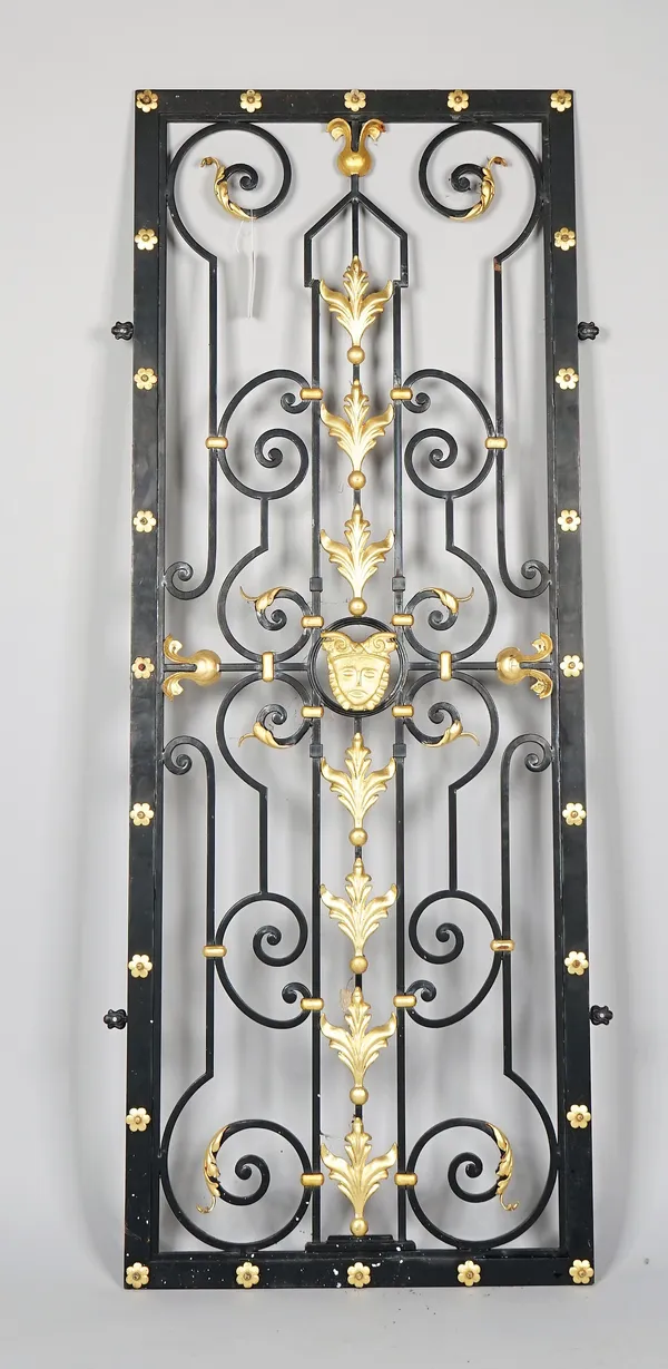 A 20th century parcel gilt and black painted wrought and cast iron rectangular gate, 72cm wide x 189cm high.