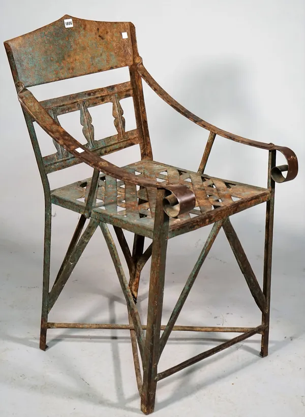 A 20th century wrought-metal open armchair with lattice seat, 51cm wide x 93cm high.