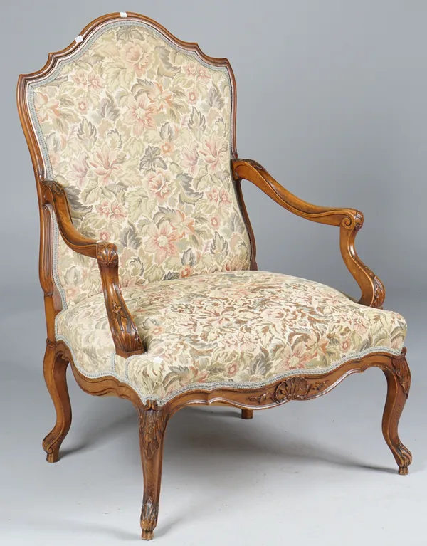 White Star Line's RMS Majestic; a Louis XV style beech framed open armchair with hump back and serpentine seat on cabriole supports, 78cm wide x 110cm