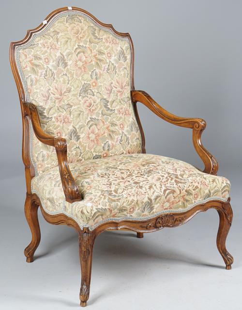 White Star Line's RMS Majestic; a Louis XV style beech framed open armchair with hump back and serpentine seat on cabriole supports, 78cm wide x 110cm