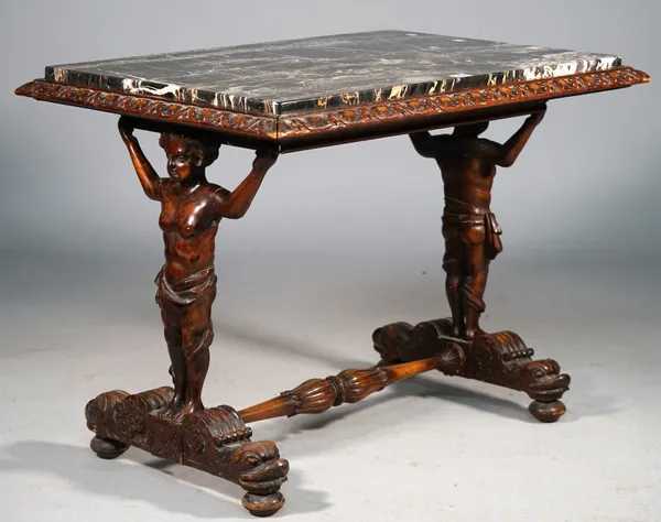 A 19th century Italian side table, the marble inset rectangular top on a pair of figural walnut supports, united by stretcher, 81cm wide x 57cm high.