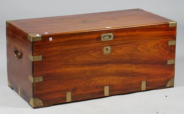 A Chinese export brass-bound camphor wood rectangular trunk with loop side handles, 101cm wide x 56cm high. AFTERSALE.