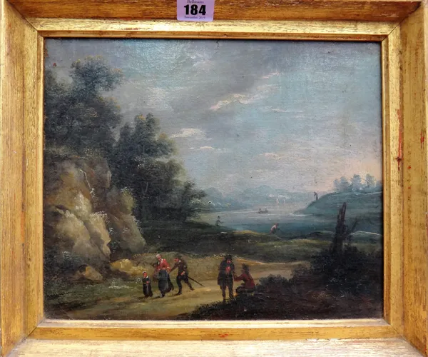 English School, (19th century), Figures on a path, a lake beyond, oil on canvas, 24cm x 29.5cm.