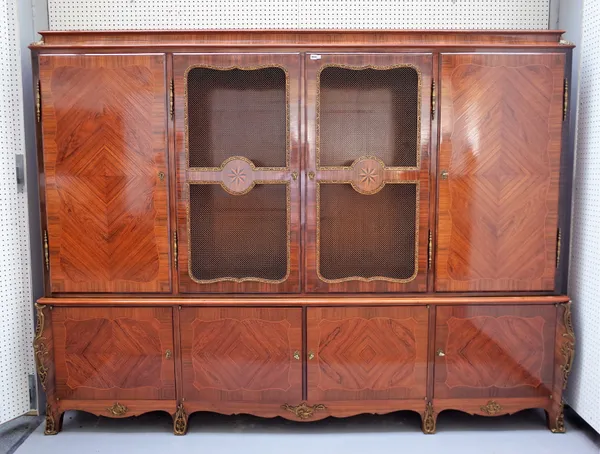 DE COENE COURTRAI; an early 20th century inlaid kingwood gilt metal mounted side cabinet, the caddy top over a pair of grille doors, flanked by cupboa