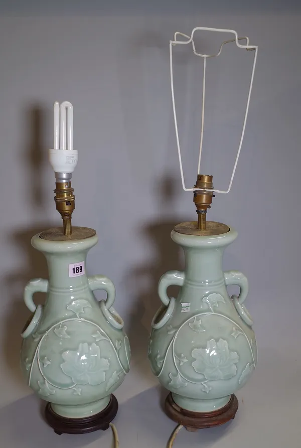 A pair of 20th century celadon glazed vase converted to lamps, 35cm high, (2).