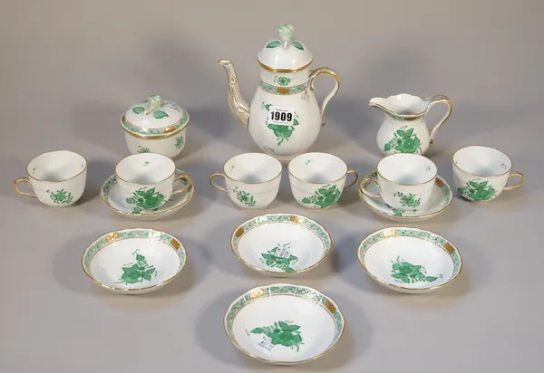 A Herend porcelain near six piece coffee service decorated in the green 'Chinese Bouquet' pattern, comprising; coffee pot and cover, 17.5cm high, milk